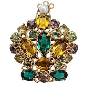 Original By Roberts Crown Brooch Pendant Green Yellow Rhinestone Pin,  L537